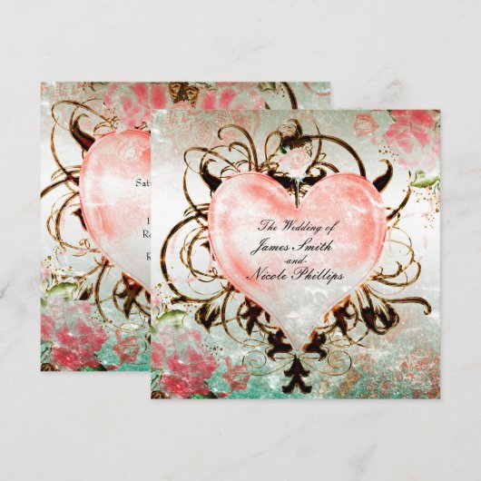 Invitation Élégante Ornementale Florale Vintage Cœ (Devant / Derrière)