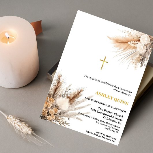 Invitation Élégante Pampas Croix Grass première communion