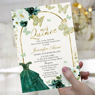 Invitation Élégante Papillon Vert Sauge Quinceañera Espagnole