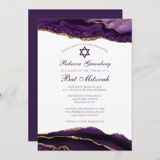 Invitation Élégante partie Bat mitzvah de glam or violet (Devant / Derrière)
