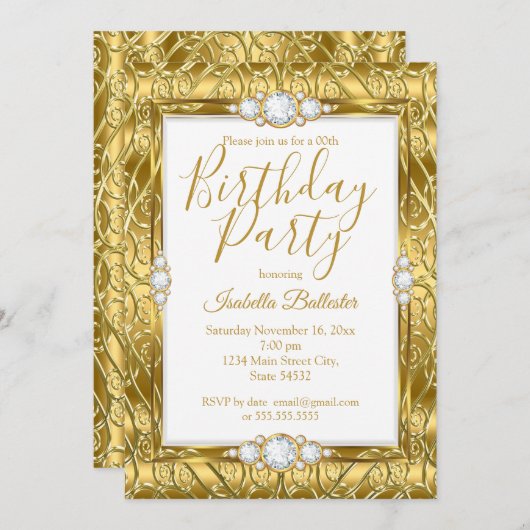 Invitation Élégante partie d'anniversaire Gold Diamond Gem (Devant / Derrière)
