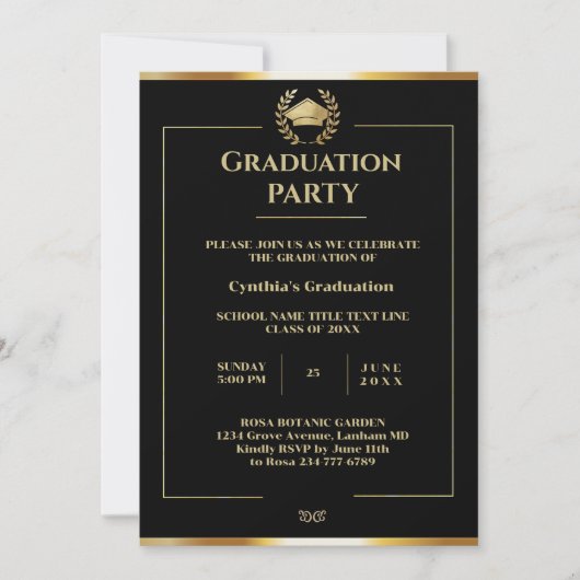 Invitation Élégante Partie de Graduation Noire et Or (Devant)