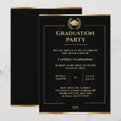 Invitation Élégante Partie de Graduation Noire et Or (Devant / Derrière)