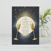 Invitation Élégante partie d'engagement Champagne Bleu et Or (Debout devant)