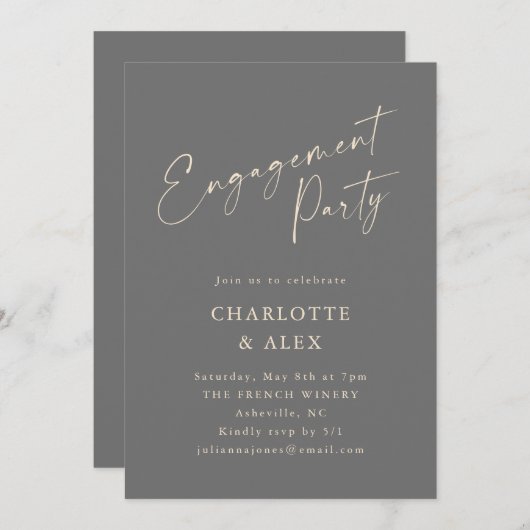 Invitation Élégante Partie d'engagement de script gris neutre (Devant / Derrière)