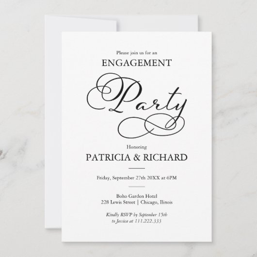 Invitation Élégante Partie d'engagement de script noir et bla (Devant)