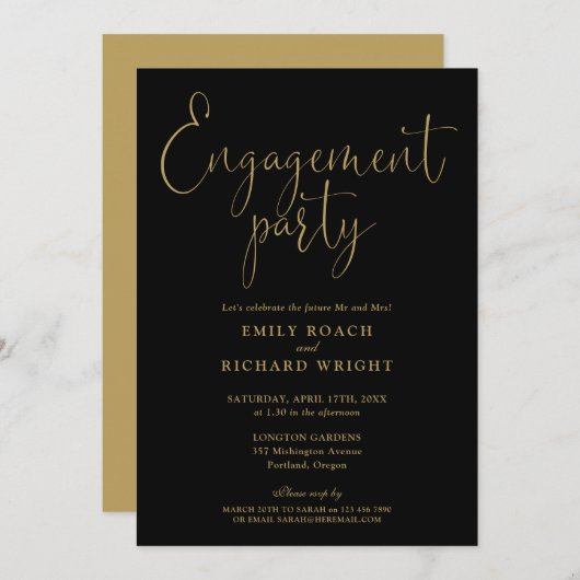 Invitation Élégante Partie d'engagement de script noir et or (Devant / Derrière)