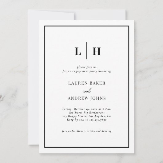 Invitation Élégante Partie D'Engagement Noir Et Blanc (Devant)