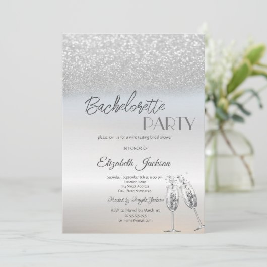 Invitation Elégante Parties scintillant Argent Bokeh Bachelor (Debout devant)