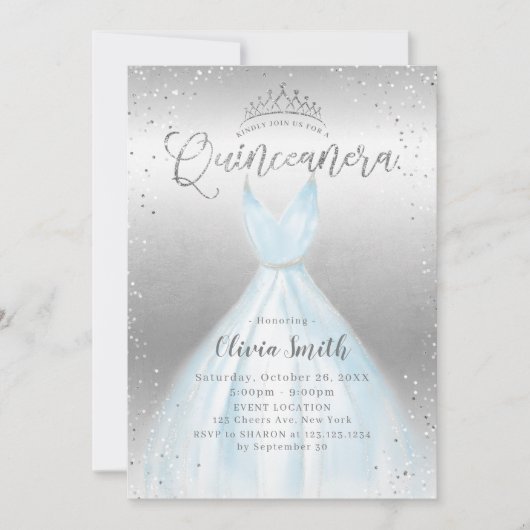 Invitation Elégante parties scintillant argent robe bleue Qui (Devant)