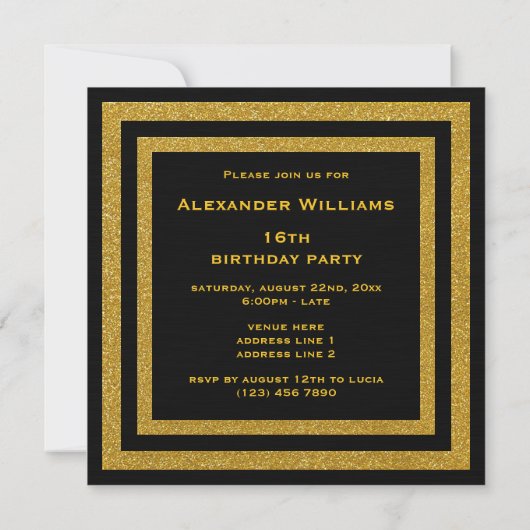 Invitation Elégante Parties scintillant Black & Gold encadrée (Dos)