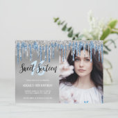 Invitation Elégante parties scintillant bleu argent goutte sw (Debout devant)