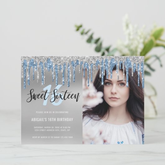 Invitation Elégante parties scintillant bleu argent goutte sw (Debout devant)