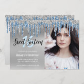 Invitation Elégante parties scintillant bleu argent goutte sw (Devant / Derrière)