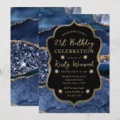 Invitation Elégante Parties scintillant Bleu & Or Agate 21e a (Devant / Derrière)