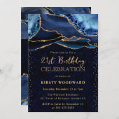Invitation Elégante Parties scintillant Bleue et Or Agate 21e (Devant / Derrière)