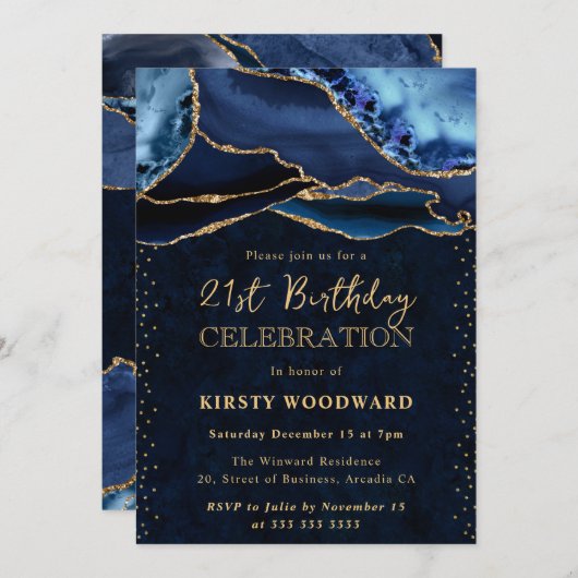 Invitation Elégante Parties scintillant Bleue et Or Agate 21e (Devant / Derrière)