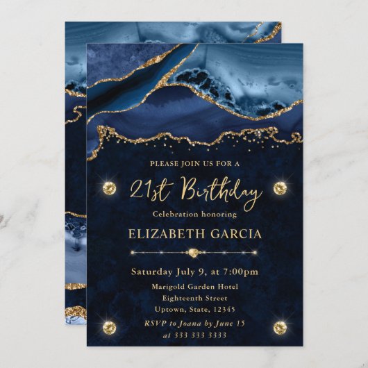 Invitation Elégante Parties scintillant Bleue et Or Agate 21e (Devant / Derrière)