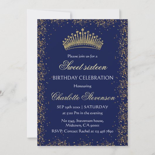 Invitation Elégante Parties scintillant bleue Gold Couronne S (Devant)