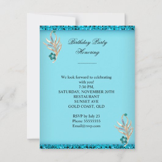 Invitation Elégante Parties scintillant Blue Aqua Turquoise A (Dos)