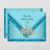 Invitation Elégante Parties scintillant Blue Aqua Turquoise A (Devant / Derrière)