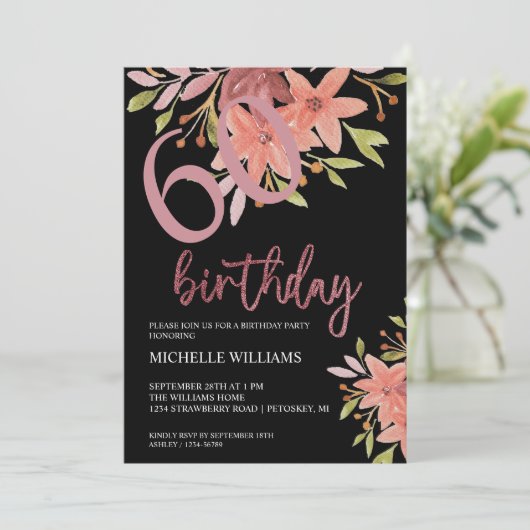 Invitation Élégante Parties scintillant Calligraphie rose Flo (Debout devant)