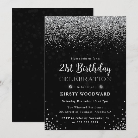 Invitation Elégante Parties scintillant d'argent et diamants  (Devant / Derrière)