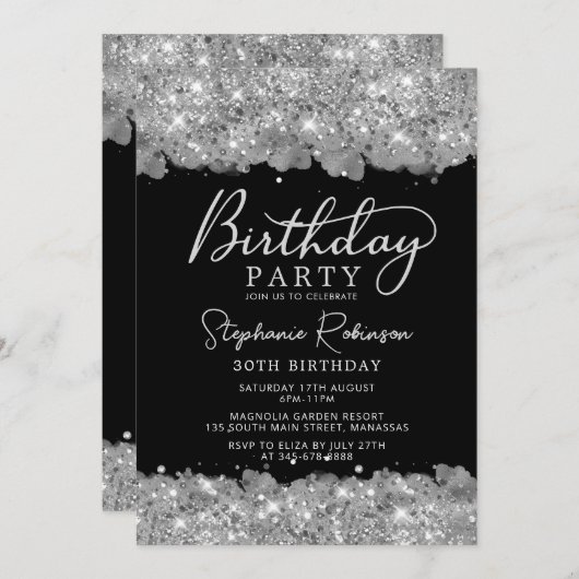 Invitation Elégante Parties scintillant d'argent et noir 30e  (Devant / Derrière)