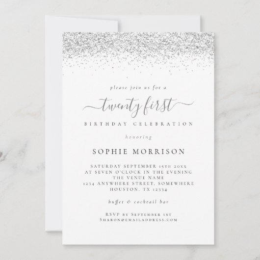 Invitation Elégante Parties scintillant d'argent Vingt-et-uni (Devant)