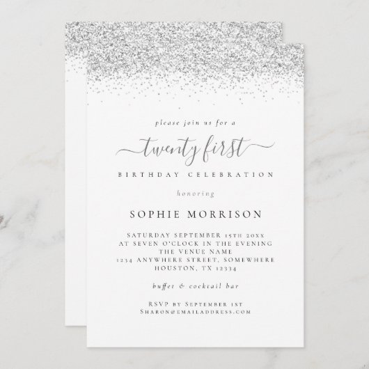 Invitation Elégante Parties scintillant d'argent Vingt-et-uni (Devant / Derrière)