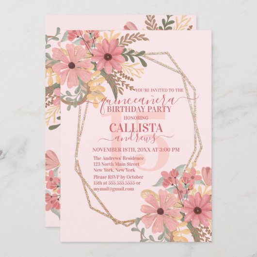 Invitation Elégante Parties scintillant de fleurs peintes ros (Devant / Derrière)