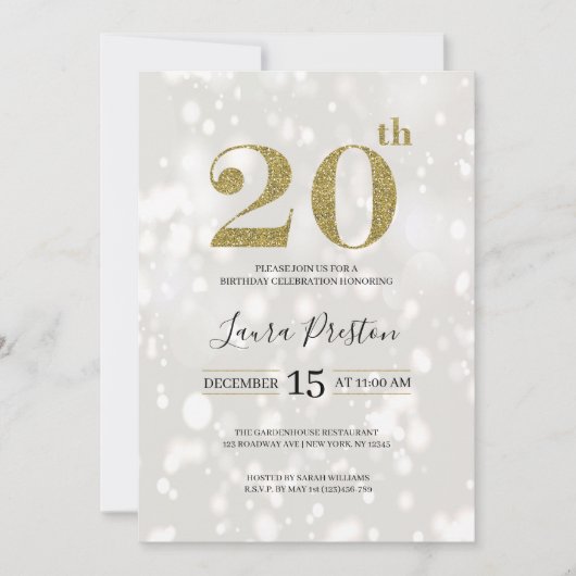 Invitation Élégante Parties scintillant d'or 20e anniversaire (Devant)
