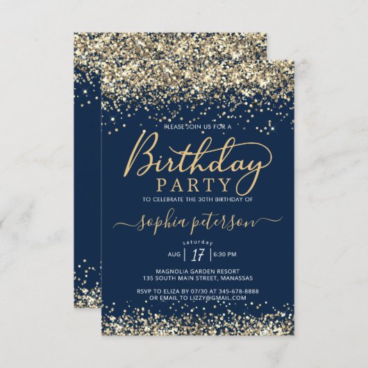 Invitation Elégante Parties scintillant d'or Bleu Marine Tout (Devant / Derrière)