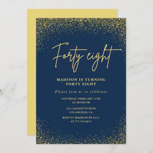 Invitation Élégante Parties scintillant d'or Glam Navy 48e an (Devant / Derrière)