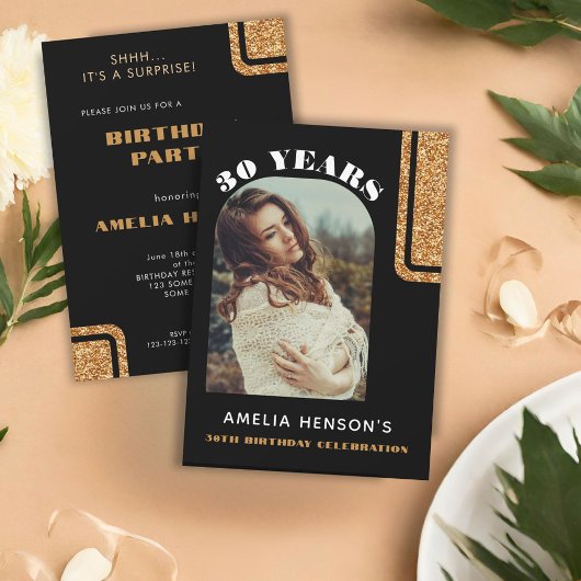 Invitation Elégante Parties scintillant d'or noir Photo 30e a