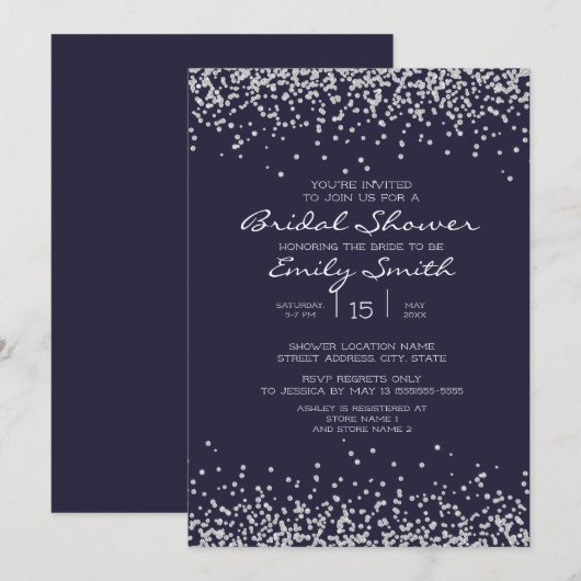 Invitation Elégante Parties scintillant en argent bleu marine (Devant / Derrière)