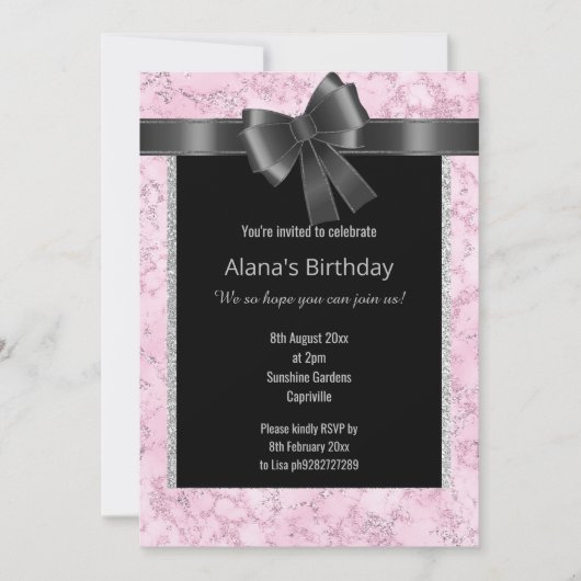 INVITATION ÉLÉGANTE PARTIES SCINTILLANT EN MARBRE ARGENT ROSE (Devant)