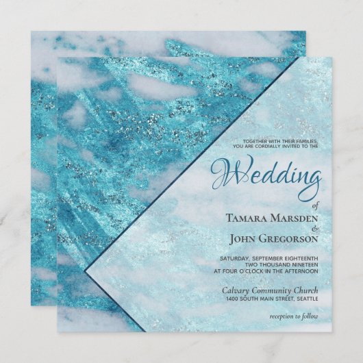Invitation Elégante Parties scintillant en marbre bleu Turquo (Devant / Derrière)