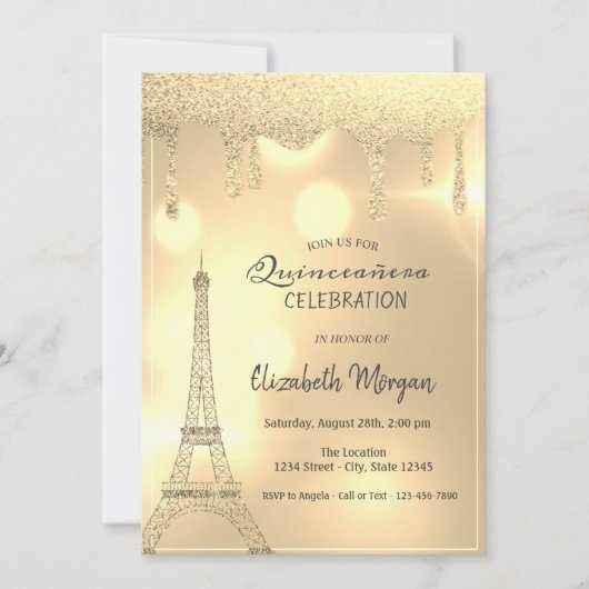 Invitation Elégante Parties scintillant, Gold Eiffel Tower Bo (Devant)