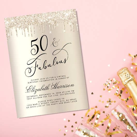 Invitation Elégante Parties scintillant Gold Virtual 50th Bir