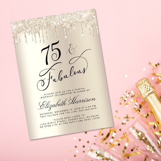 Invitation Elégante Parties scintillant Gold Virtual 75th Bir