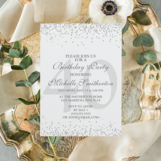 Invitation Elégante Parties scintillant gris argent blanc 40e