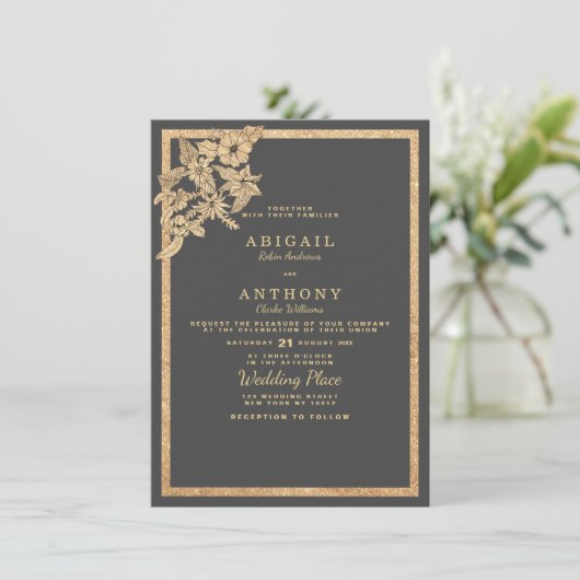 Invitation Elégante parties scintillant gris foncé or Mariage (Debout devant)