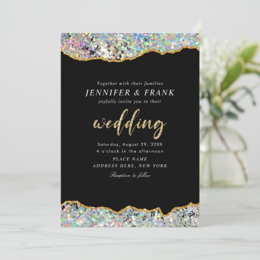 Invitation Elégante Parties scintillant holographique Agate n (Debout devant)