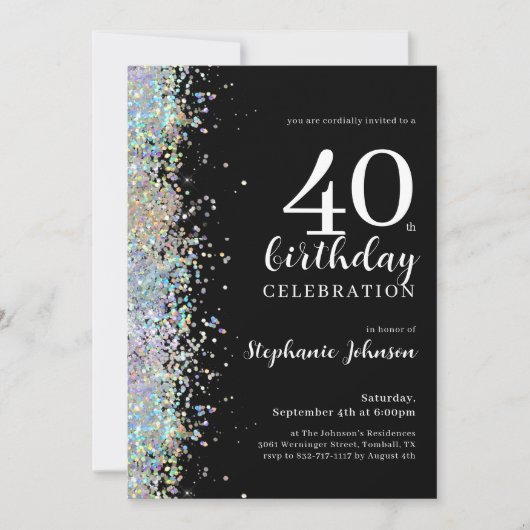 Invitation Elégante Parties scintillant Noir 40e fête d'anniv (Devant)