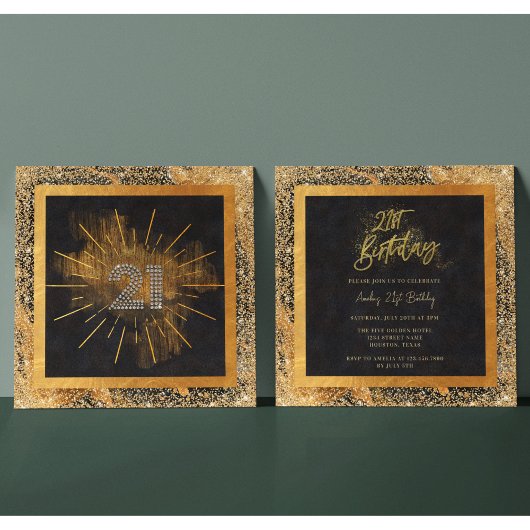 Invitation Elégante Parties scintillant Noir et Or 21ème anni