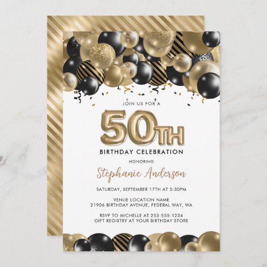 Invitation Elégante Parties scintillant Noire Or 50e Annivers (Devant / Derrière)