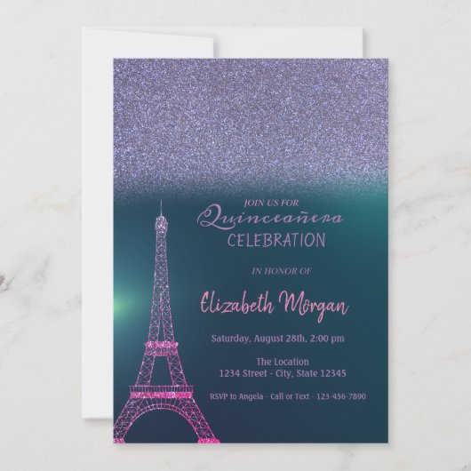 Invitation Elégante Parties scintillant Ombre, Tour Eiffel Qu (Devant)