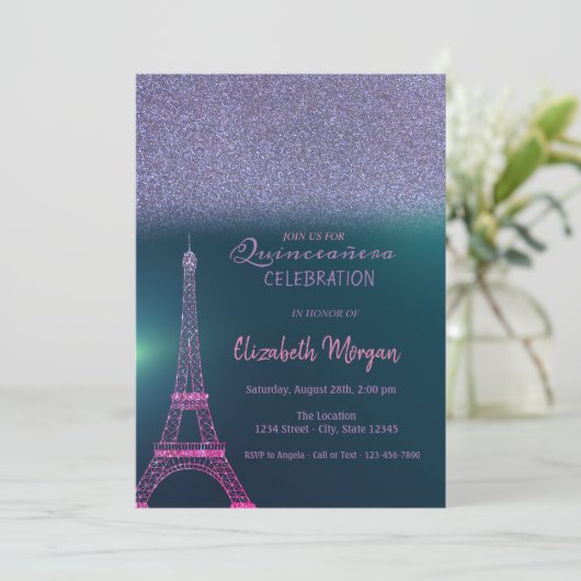 Invitation Elégante Parties scintillant Ombre, Tour Eiffel Qu (Debout devant)