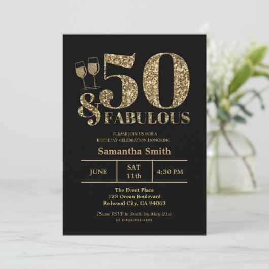 Invitation Elégante Parties scintillant Or 50 Et Fabuleux 50e (Debout devant)